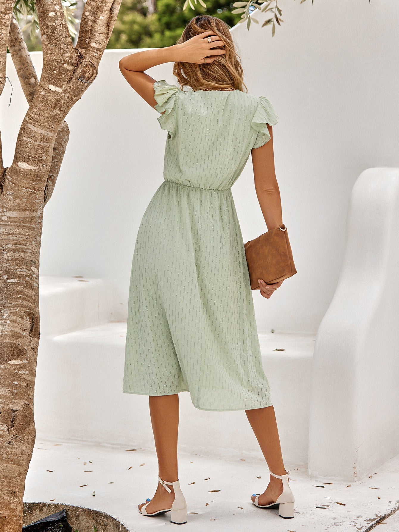 Women's Elegant Midi Dress – Ruffle Sleeve V Neck Summer Dress