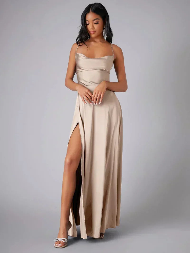 Women's Satin Maxi Evening Dress – High Slit Open Back Formal Dress