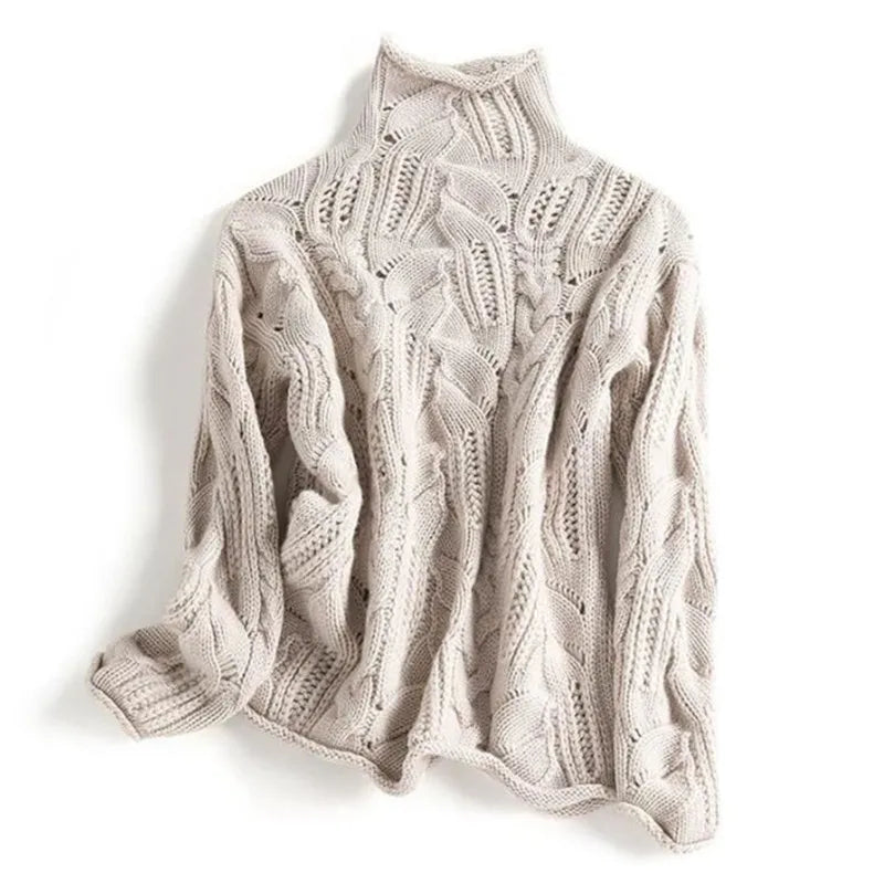 Women’s High-Neck Cable Knit Sweater – Long-Sleeve Pullover Jumper