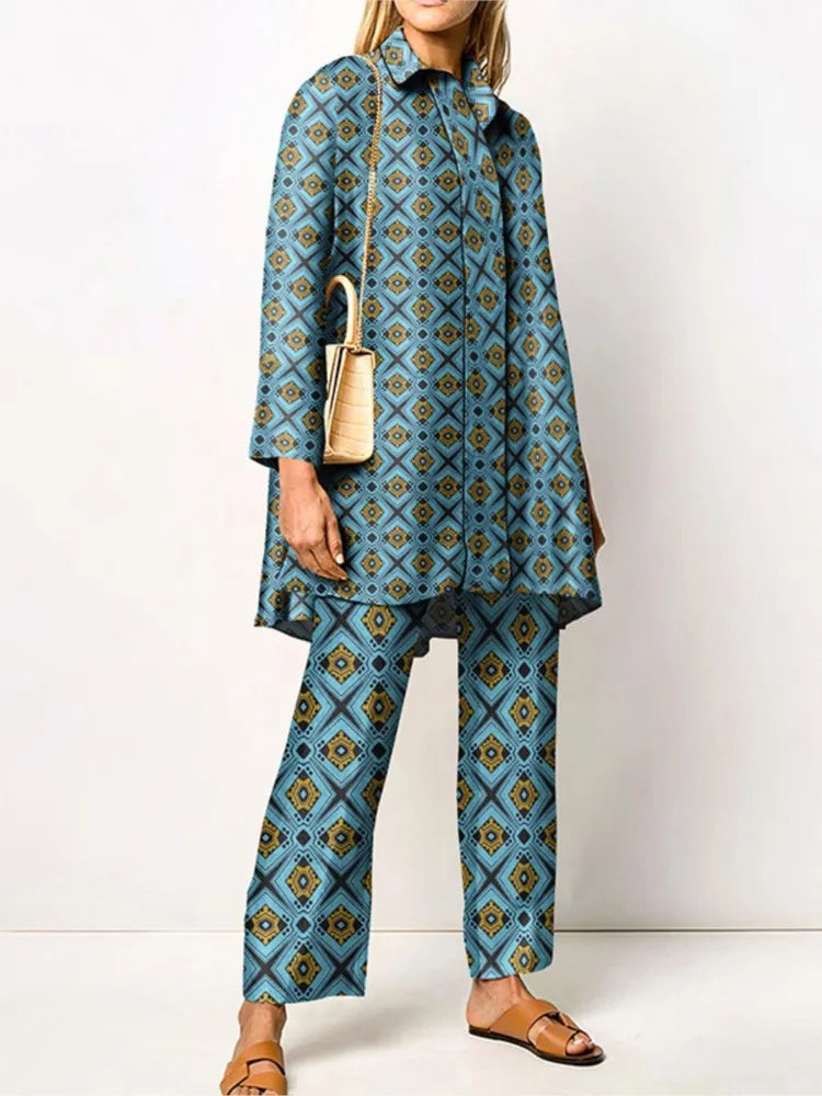 Elegant vintage two-piece set for women – Stylish blouse and trousers