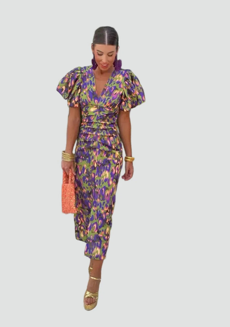 Women's Puff Sleeve Midi Dress – Elegant Feminine Occasion Style