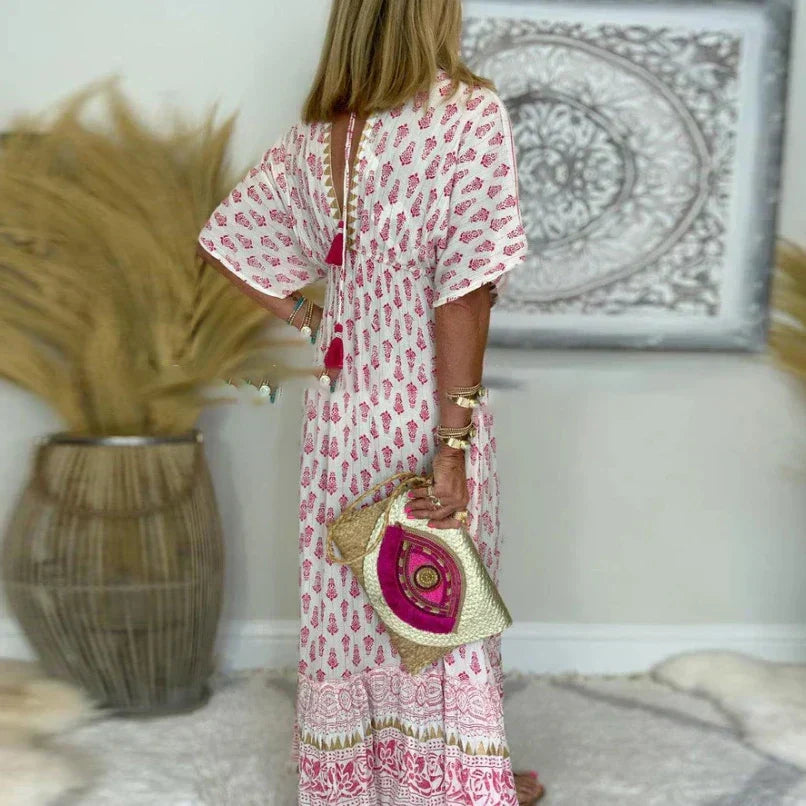 Women's Boho Print Maxi Dress - Loose V-Neck Short Sleeve Summer Dress