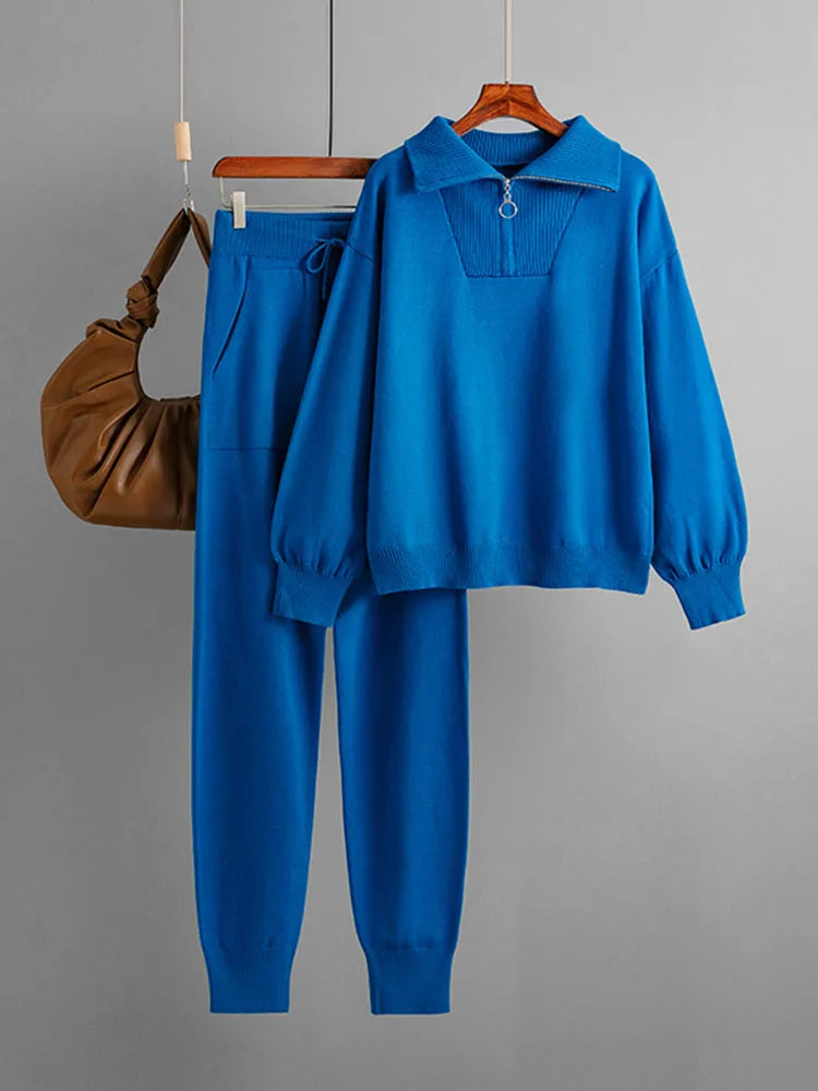 Women’s Zip-Up Knit Loungewear Set – Cozy Sweater & Slim Jogger Pants