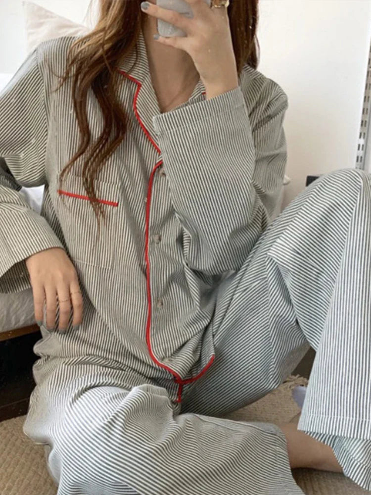 Women’s Premium Green Striped Pajama Set – Soft Cozy Two-Piece Sleepwear