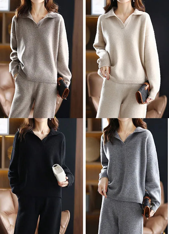 Women’s Polo Knit Set – Casual Relaxed-Fit Sweater and Wide-Leg Pants