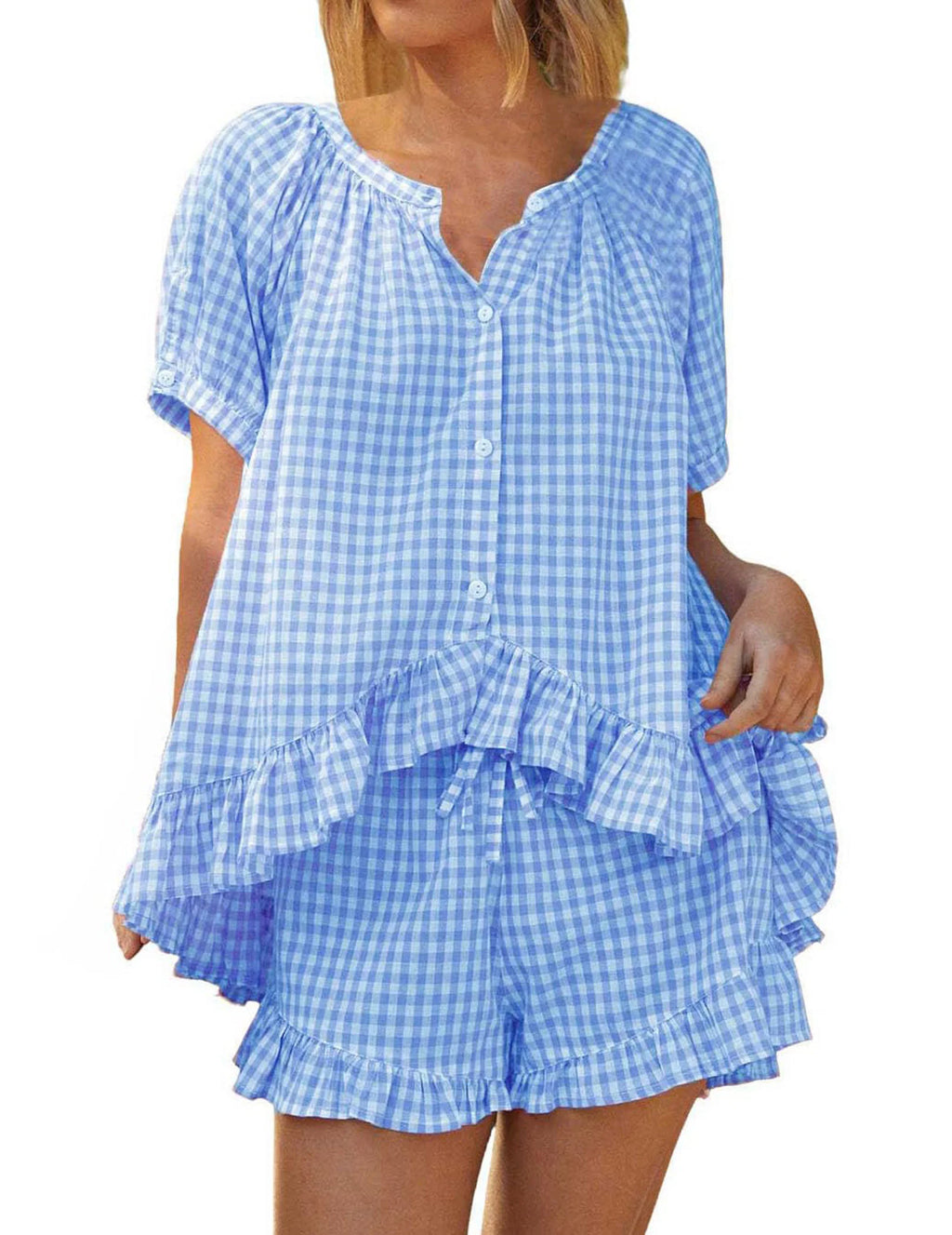 Women’s 2-Piece Ruffle Sleepwear Set – Short-Sleeve Button-Up Plaid Loungewear