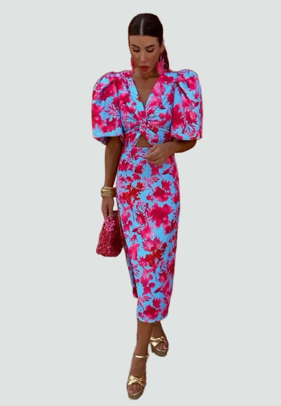 Women's Puff Sleeve Midi Dress – Elegant Feminine Occasion Style