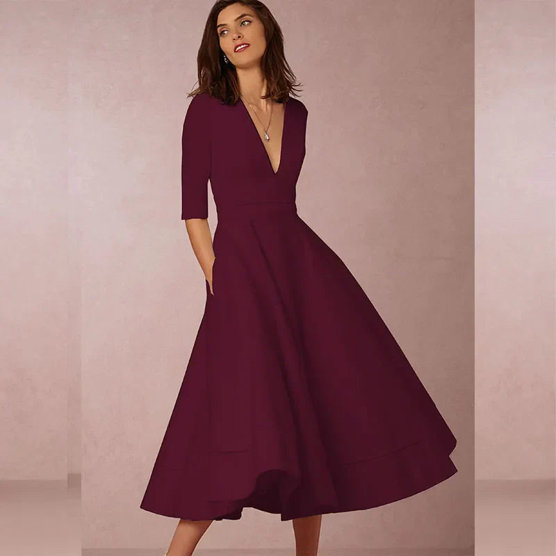 Women's Vintage 60s A-Line Swing Dress – Flared Skirt Autumn Midi Dress