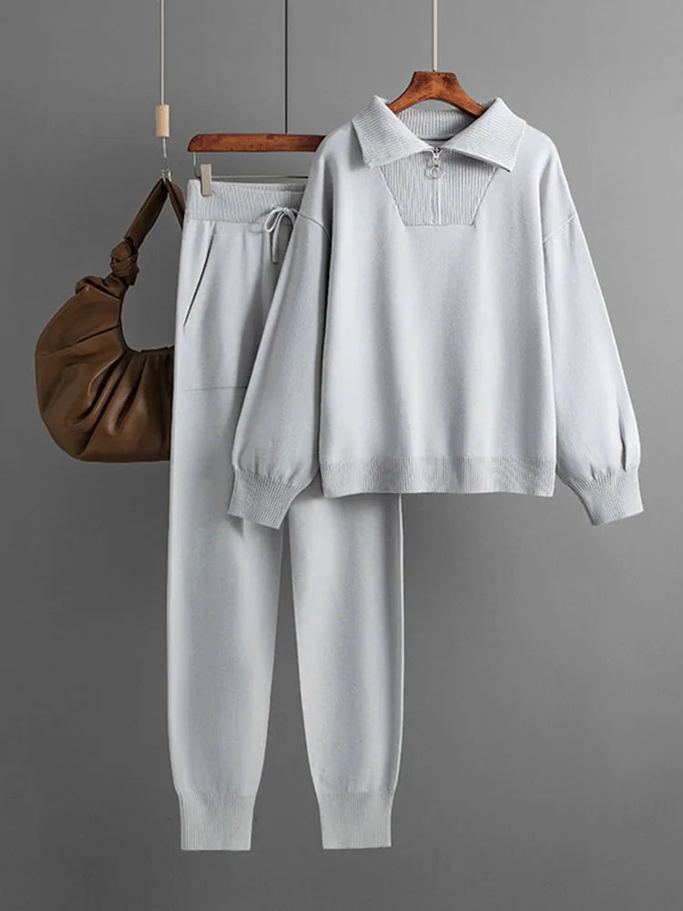 Women’s Zip-Up Knit Loungewear Set – Cozy Sweater & Slim Jogger Pants