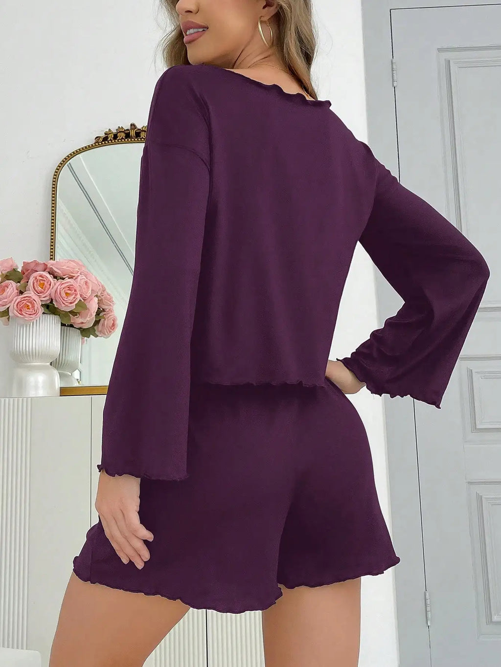 Women’s Purple Two-Piece Off-Shoulder Pajama Set – Long Sleeve Top and Shorts for All Seasons (6)