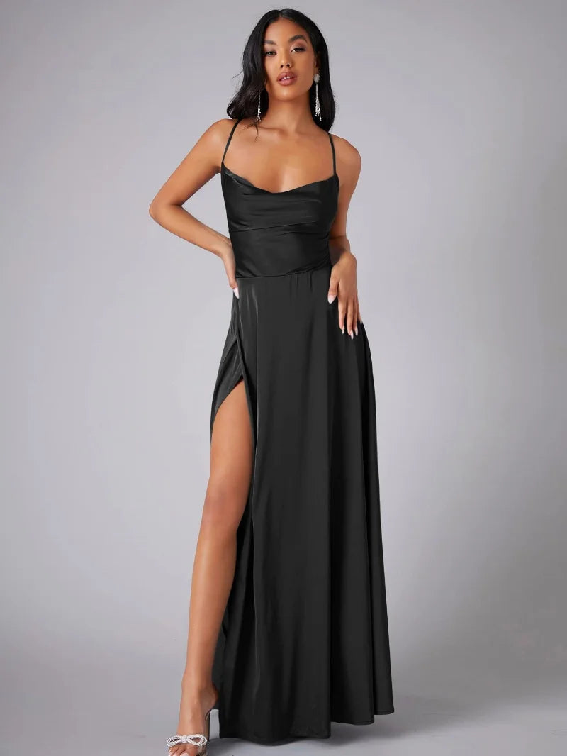 Women's Satin Maxi Evening Dress – High Slit Open Back Formal Dress