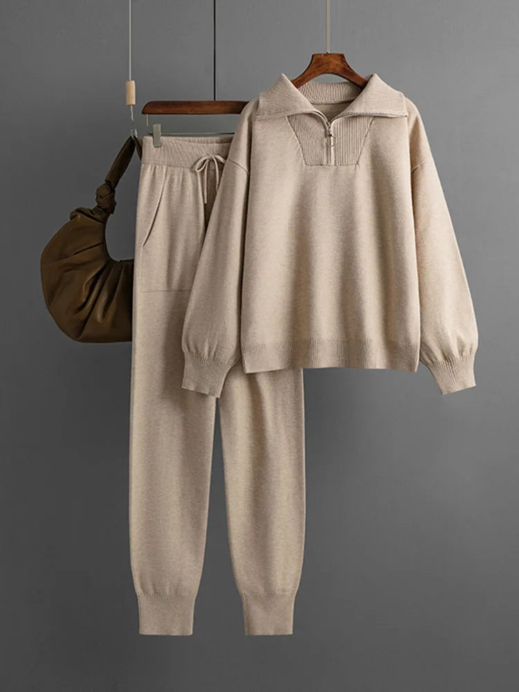 Women’s Zip-Up Knit Loungewear Set – Cozy Sweater & Slim Jogger Pants