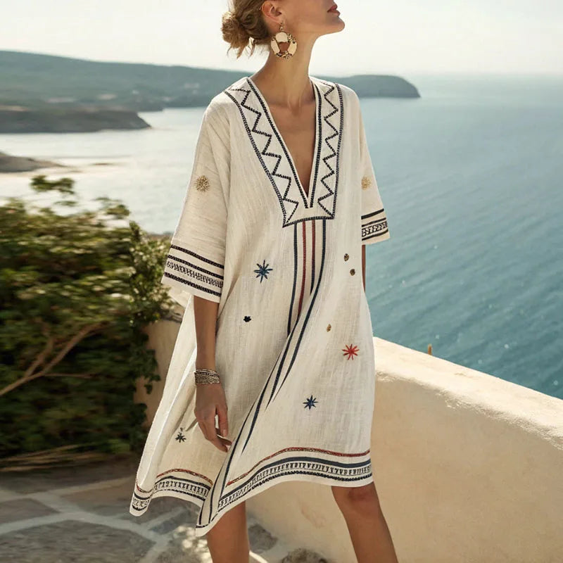 Women's Embroidered Beach Tunic Dress – White Navy Rust Boho V-Neck