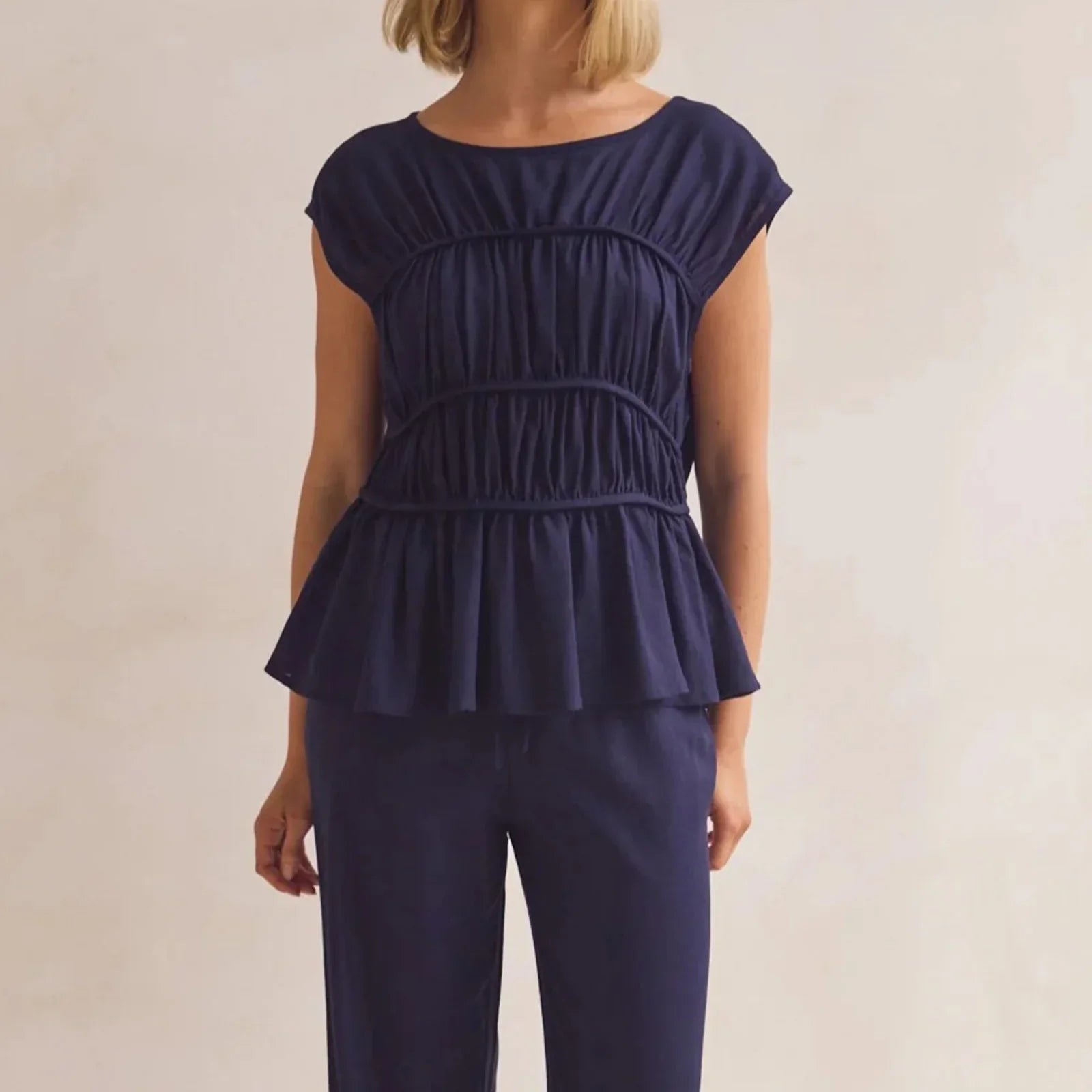 Women’s Ruched Peplum Top – Round-Neck Cap Sleeve Blouse