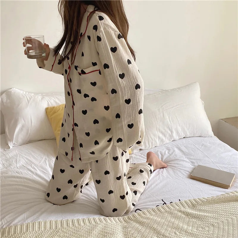 Women’s Heart Cotton Pajama Set – Soft Two-Piece Sleepwear