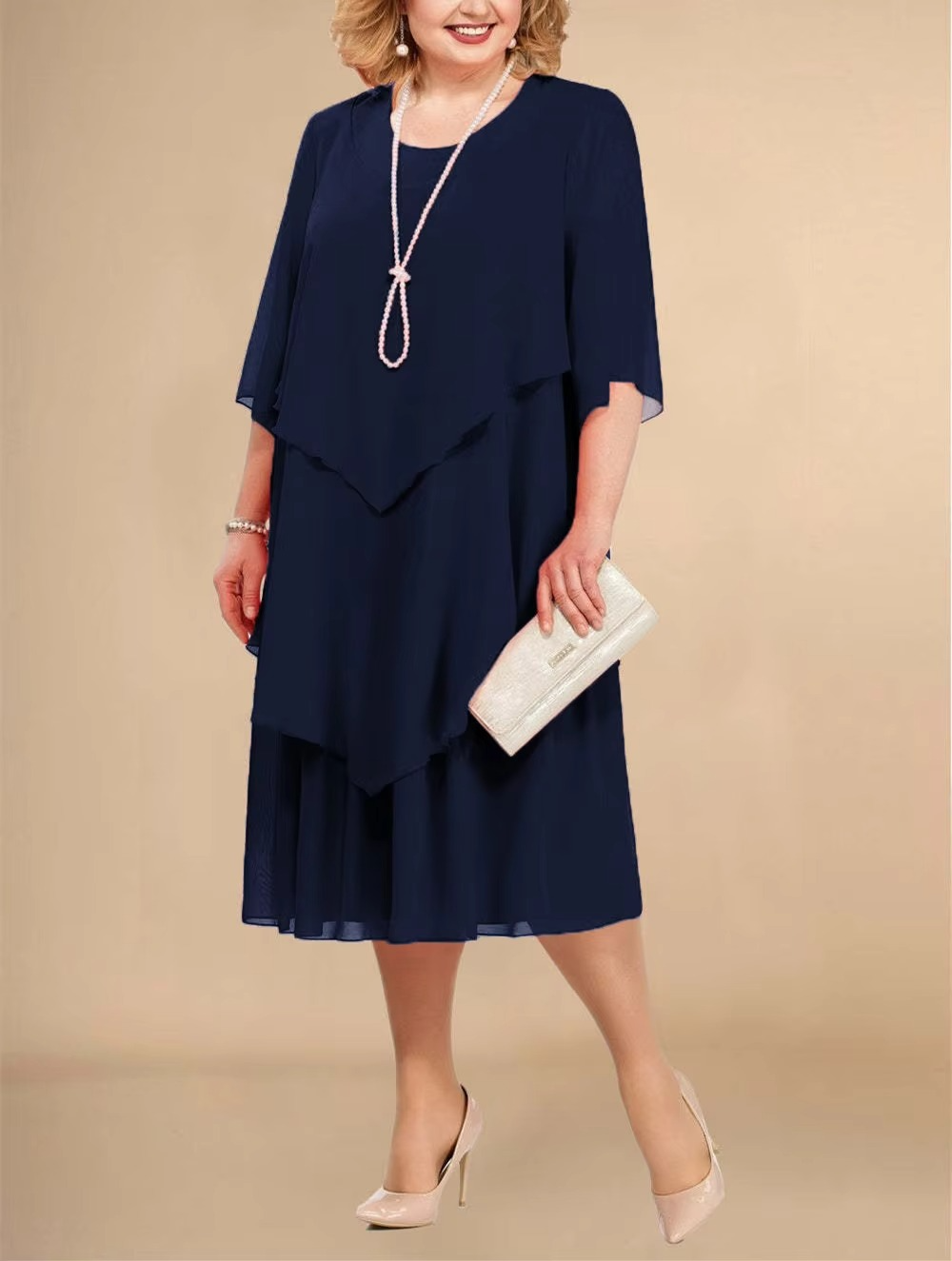 Women's Layered Chiffon Midi Dress – Elegant Flowy Occasion Dress