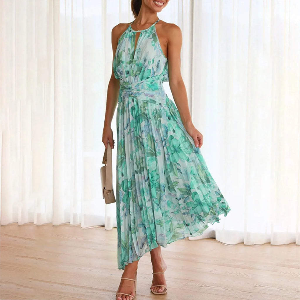 Women's Floral Maxi Dress - Halter Neck Boho Summer Occasion Dress
