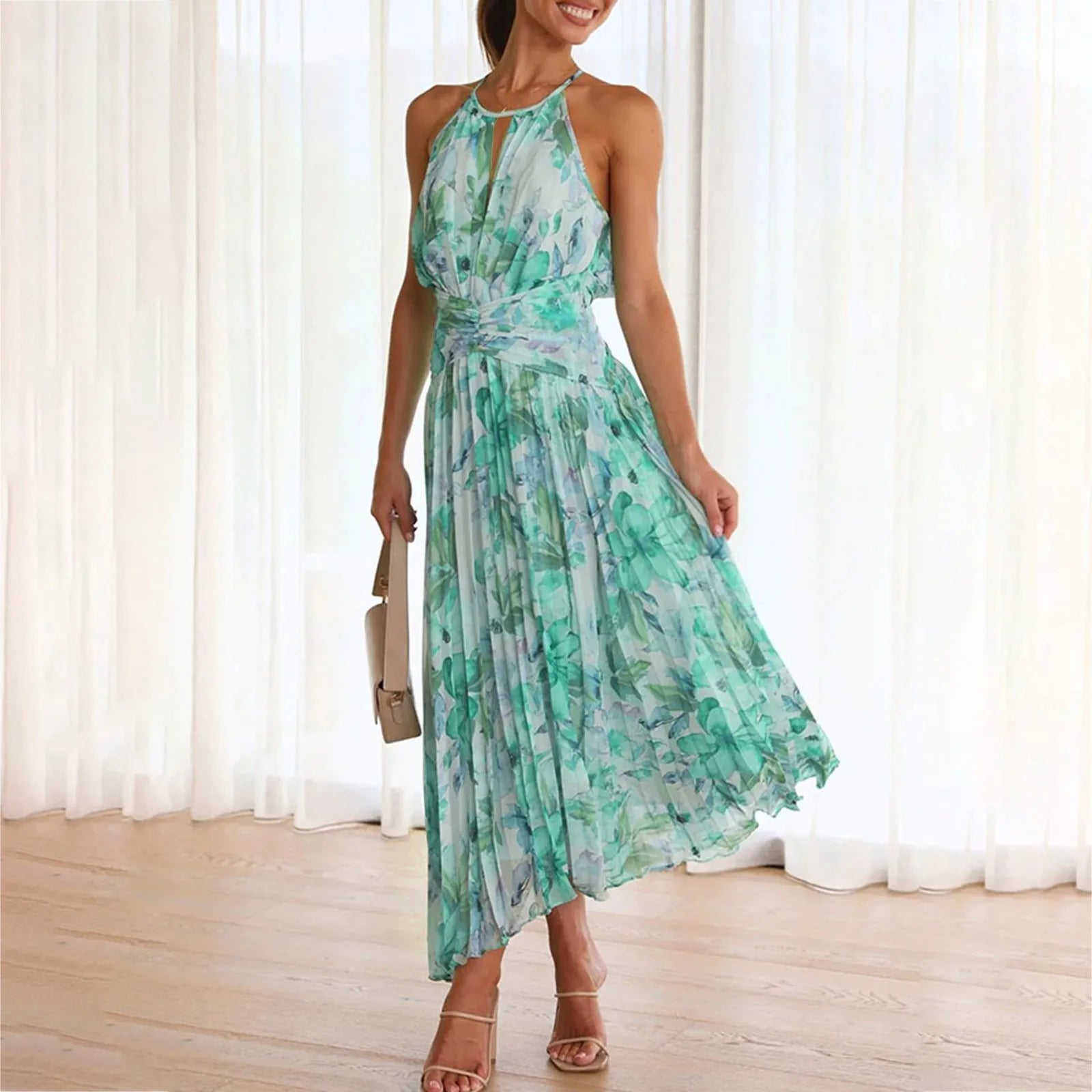 Women's Floral Maxi Dress - Halter Neck Boho Summer Occasion Dress