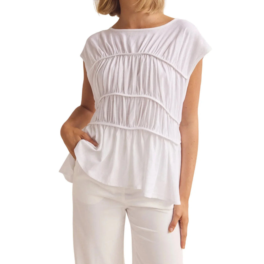 Women’s Ruched Peplum Top – Round-Neck Cap Sleeve Blouse
