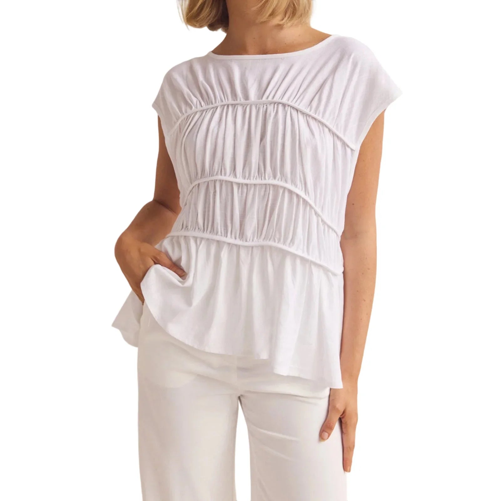 Women’s Ruched Peplum Top – Round-Neck Cap Sleeve Blouse