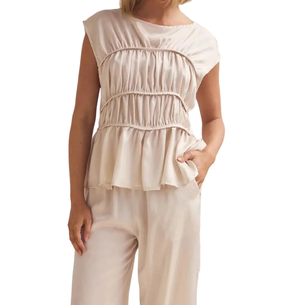 Women’s Ruched Peplum Top – Round-Neck Cap Sleeve Blouse