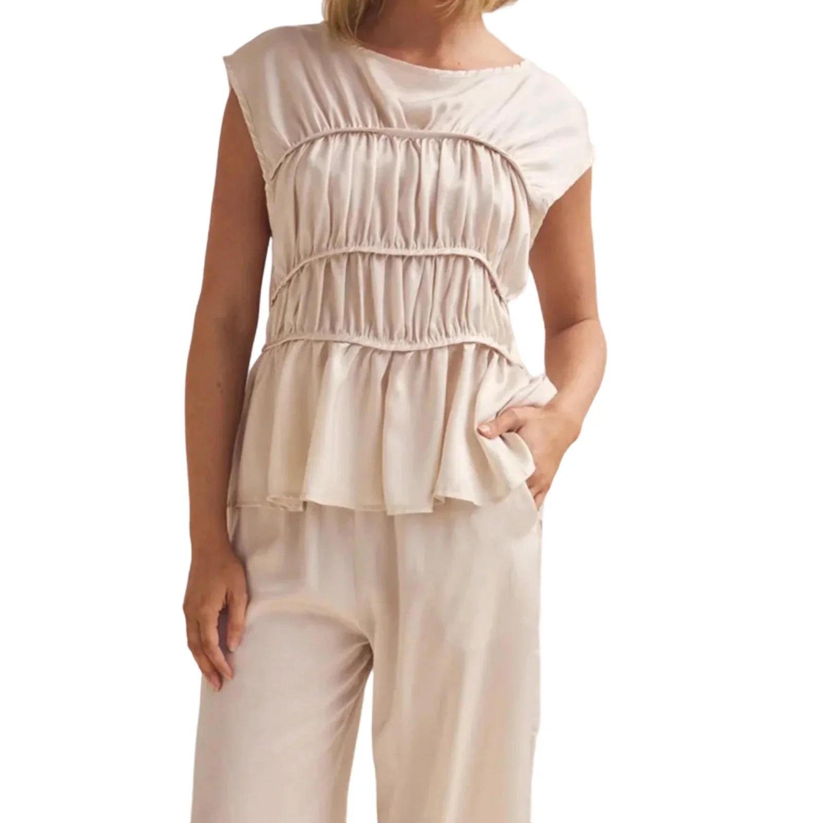 Women’s Ruched Peplum Top – Round-Neck Cap Sleeve Blouse