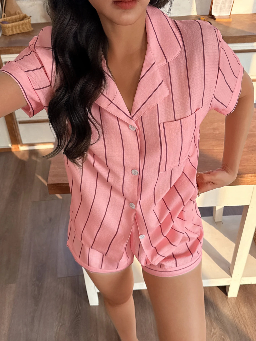 Women’s Black Striped Two-Piece Pajama Set – Short-Sleeve Top with Pockets and Shorts