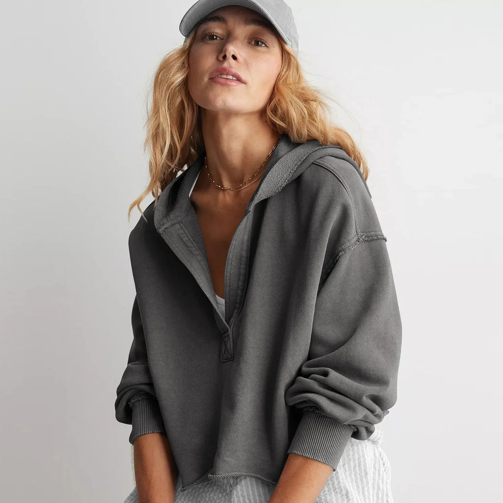 Women’s Stylish Comfort V-Neck Hoodie – Long-Sleeved Loose-Fit Crop Sweater