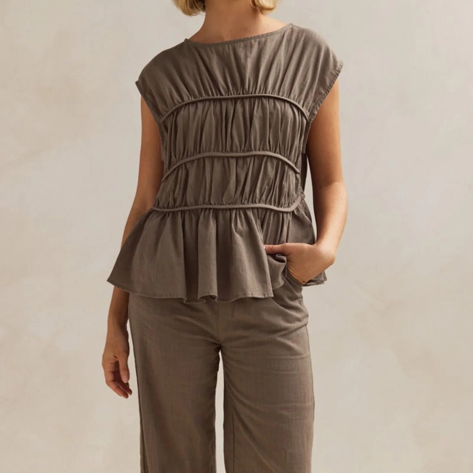 Women’s Ruched Peplum Top – Round-Neck Cap Sleeve Blouse
