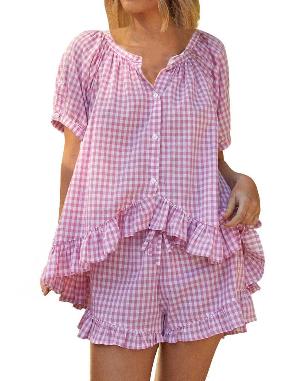 Women’s 2-Piece Ruffle Sleepwear Set – Short-Sleeve Button-Up Plaid Loungewear
