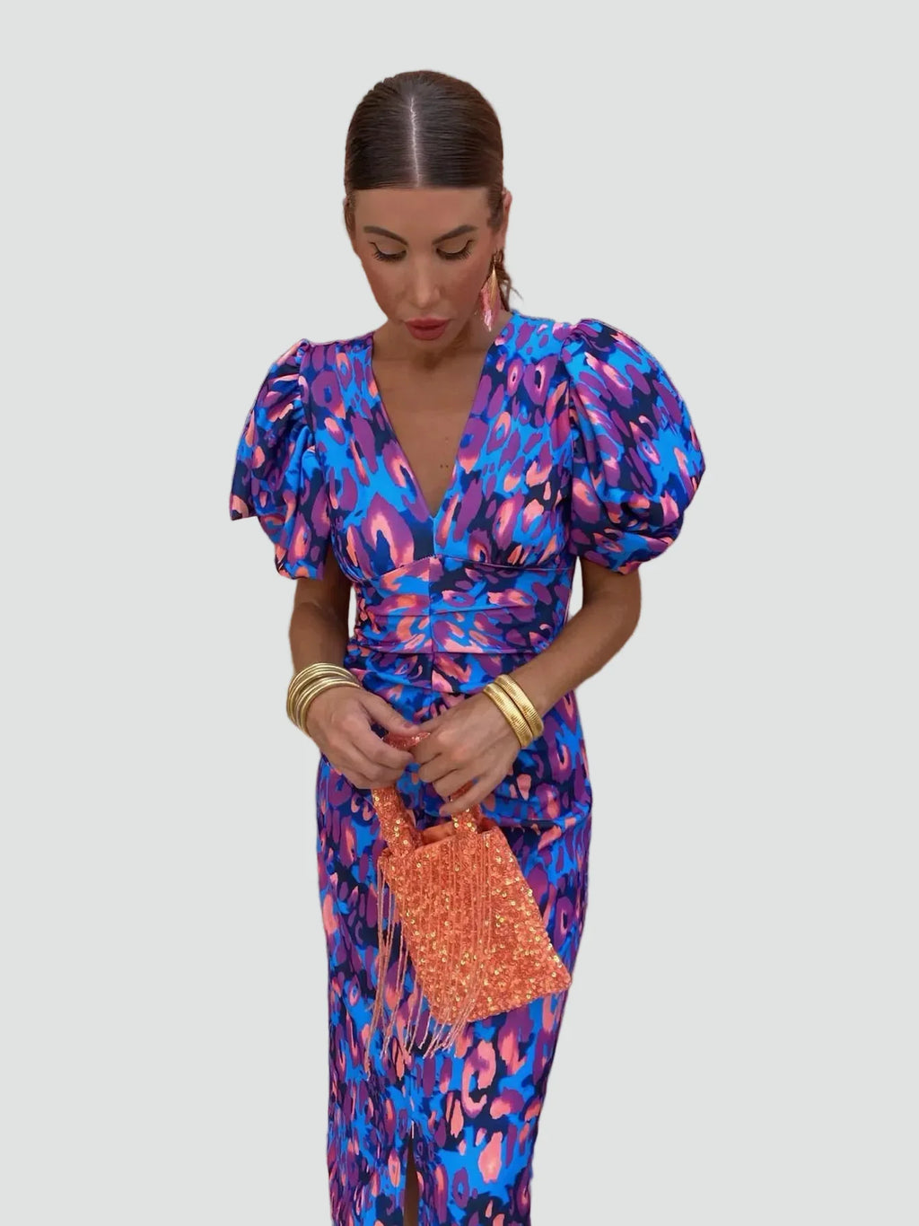 Women's Puff Sleeve Midi Dress – Elegant Feminine Occasion Style
