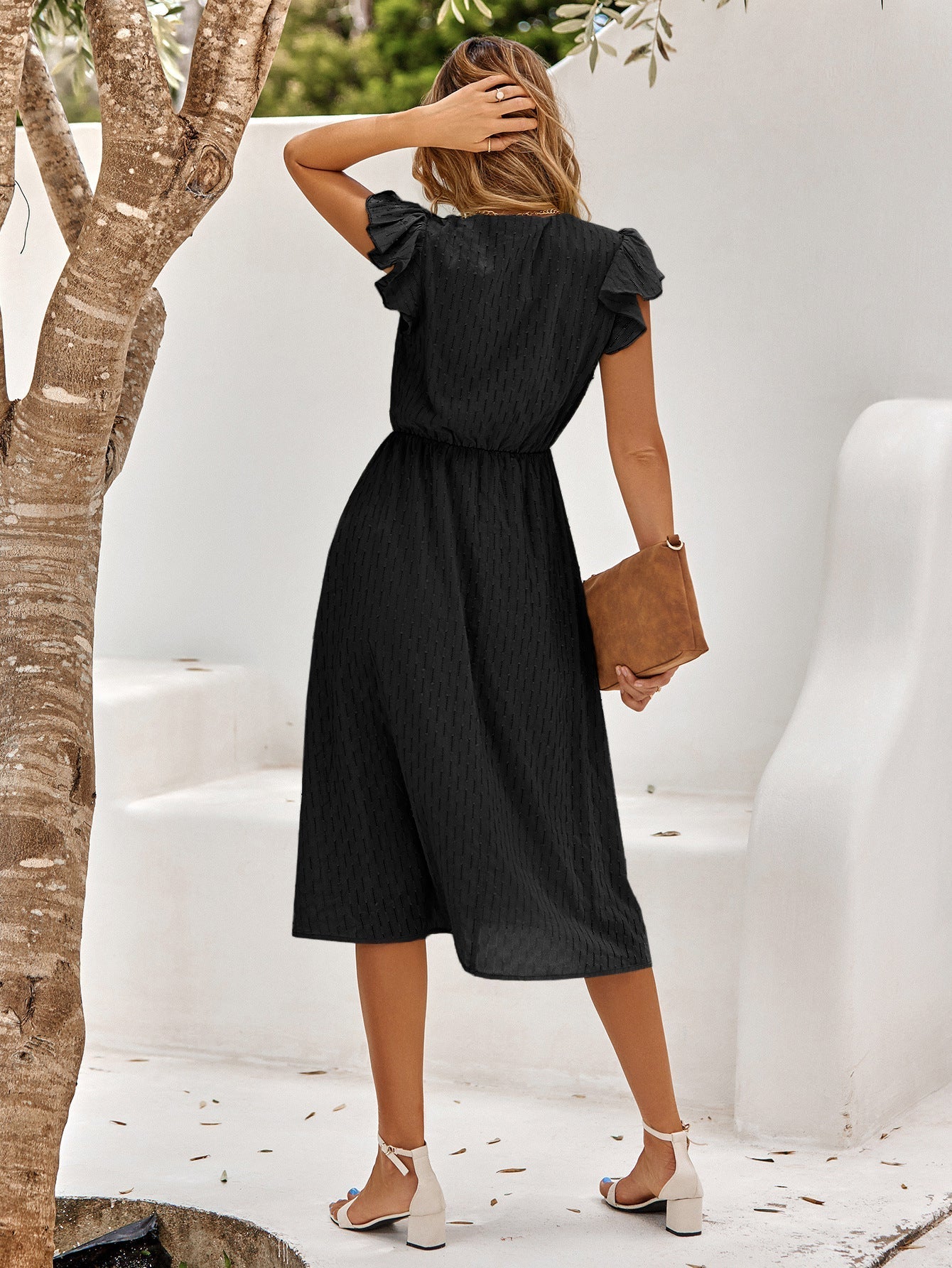 Women's Elegant Midi Dress – Ruffle Sleeve V Neck Summer Dress