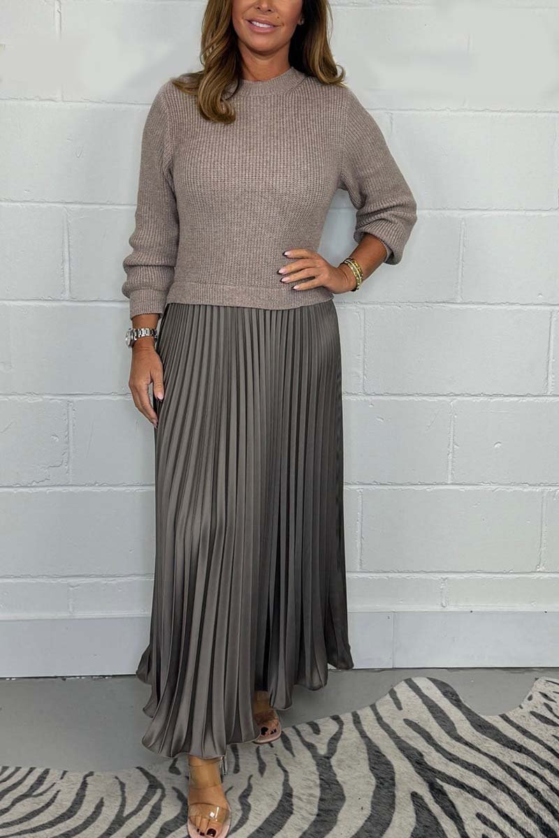 Women's Knit Sweater and Pleated Satin Skirt Set - Cozy Elegant Two-Piece Outfit