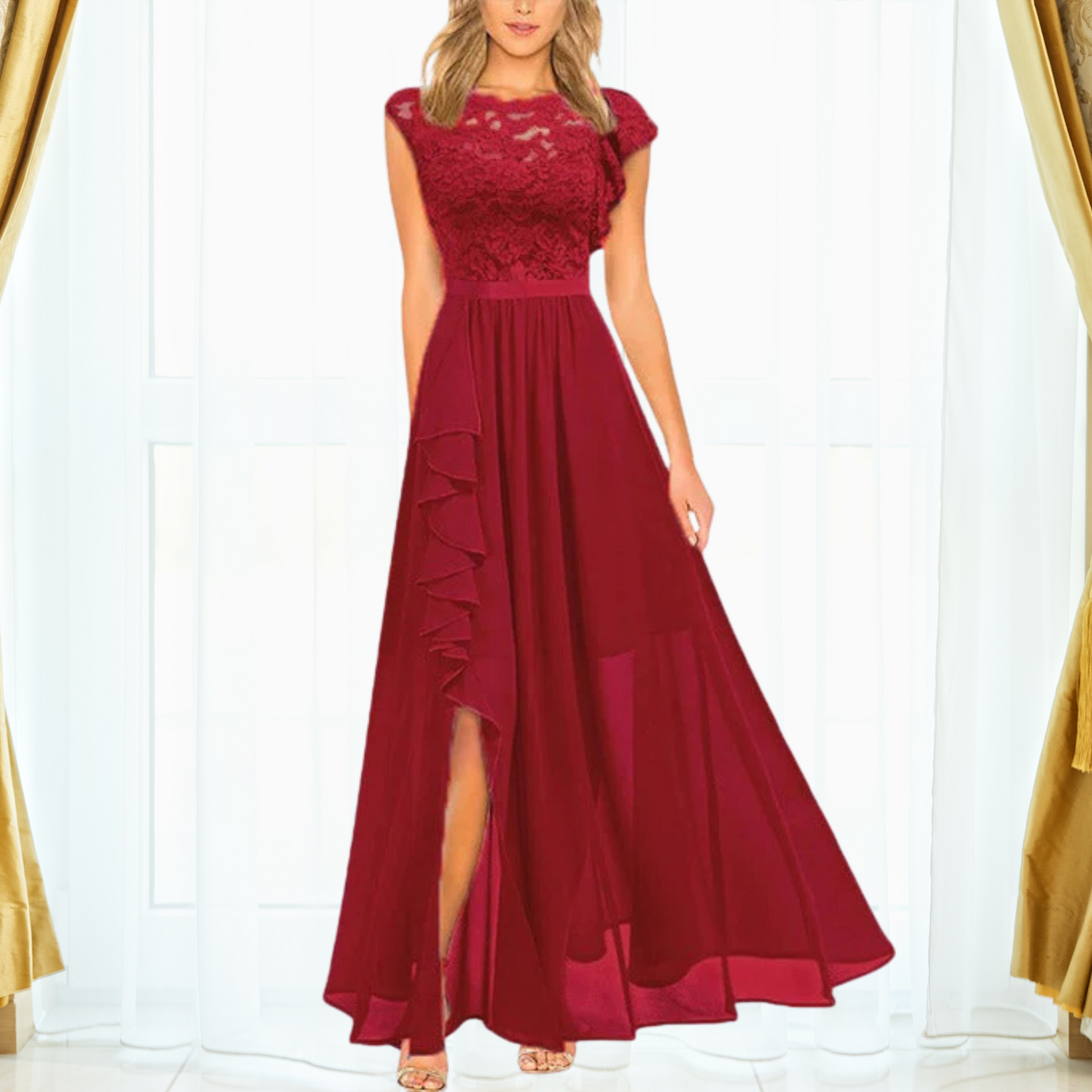 Women's Lace Maxi Dress – Elegant Chiffon Evening Occasion Dress