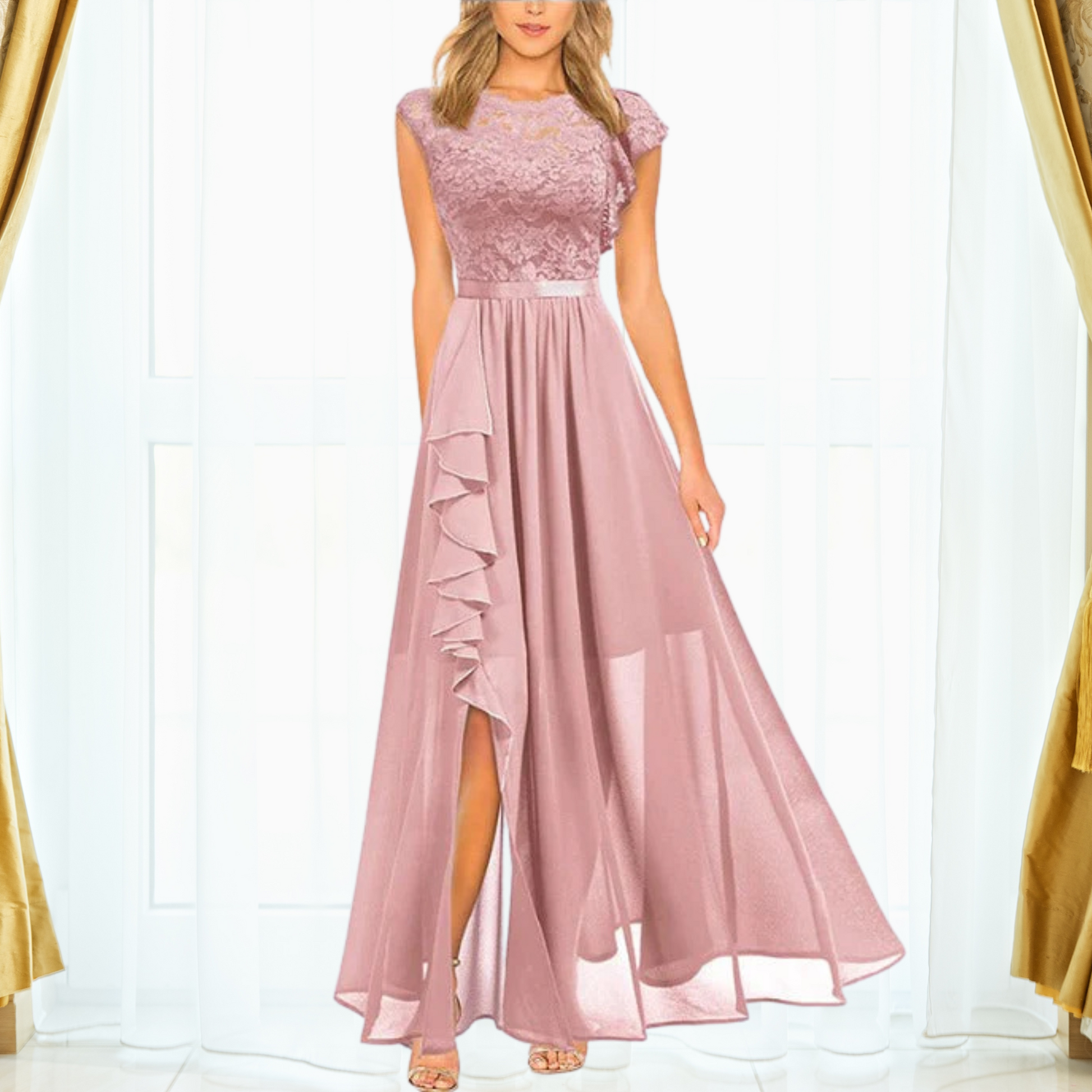 Women's Lace Maxi Dress – Elegant Chiffon Evening Occasion Dress