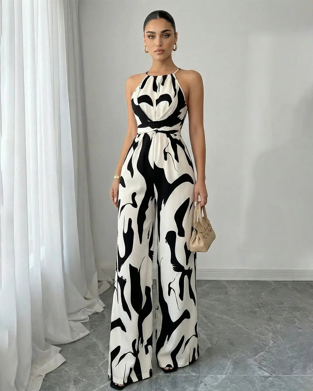 Women's Halter Neck Abstract Print Wide Leg Jumpsuit - Easy Dressy One Piece