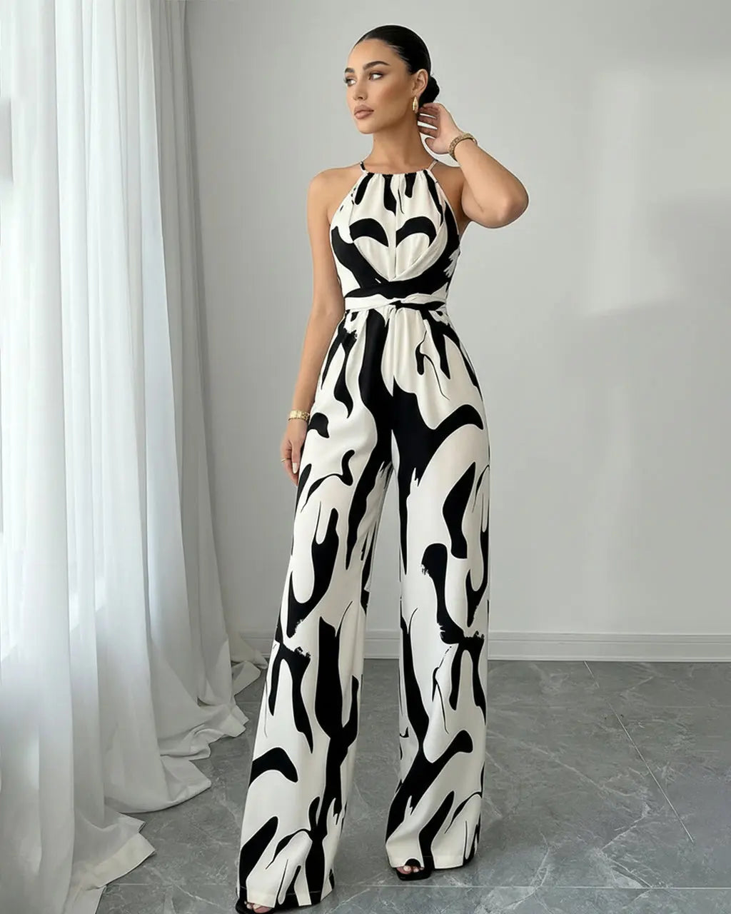 Women's Halter Neck Abstract Print Wide Leg Jumpsuit - Easy Dressy One Piece