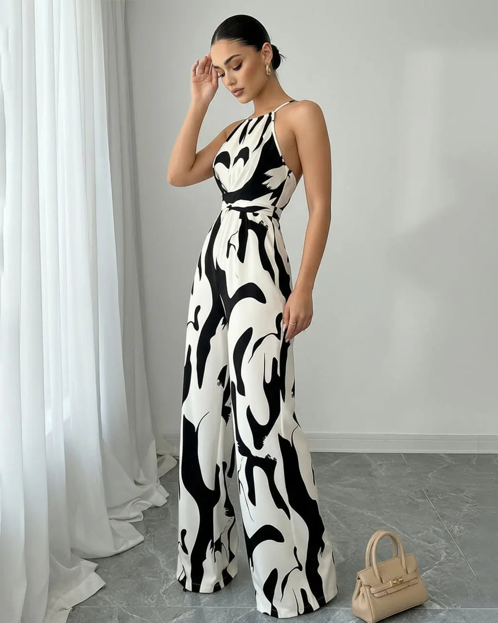Women's Halter Neck Abstract Print Wide Leg Jumpsuit - Easy Dressy One Piece