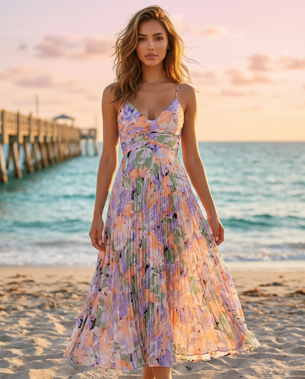 Women's Elegant Floral Print V-Neck Pleated Midi Dress - Soft Occasion Fit