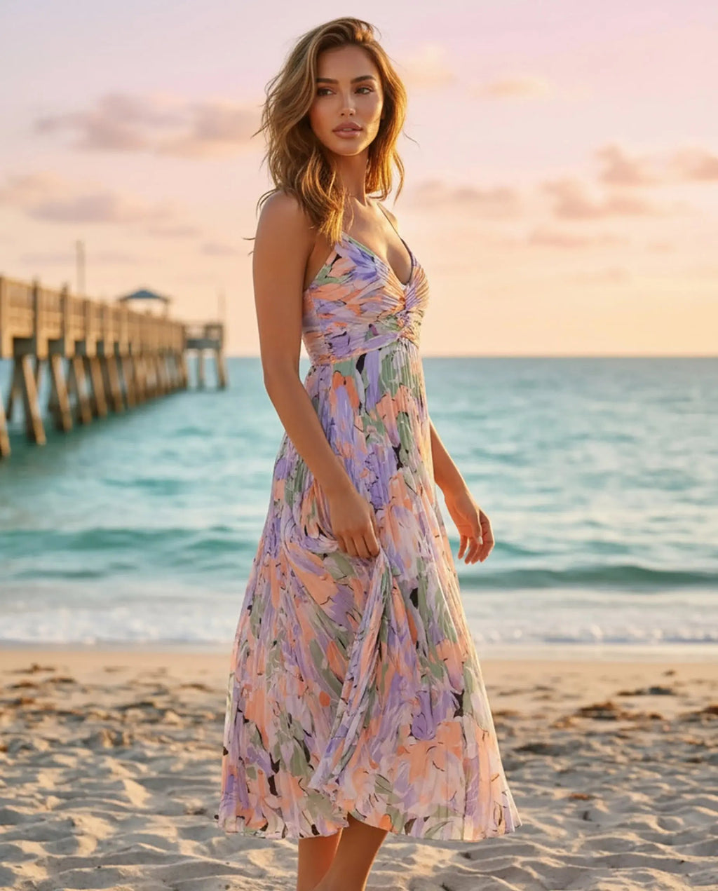 Women's Elegant Floral Print V-Neck Pleated Midi Dress - Soft Occasion Fit