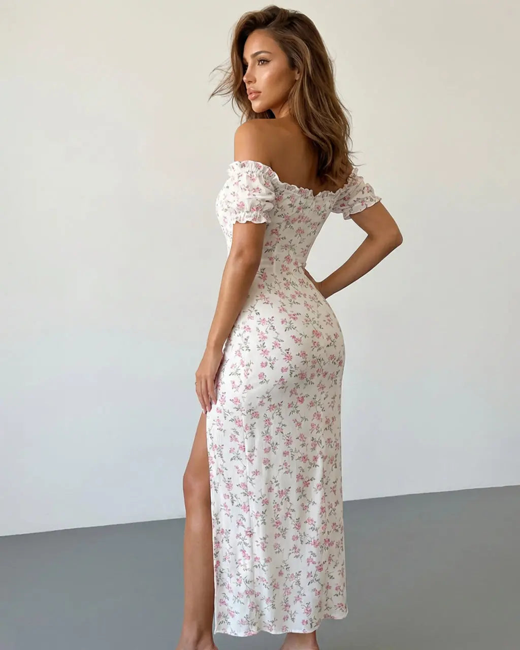Women's Floral Off Shoulder Puff Sleeve High Slit Maxi Dress - Romantic Occasion Style