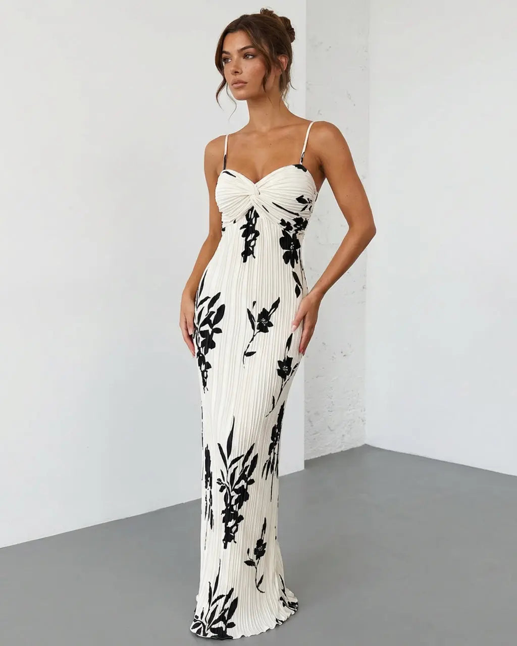 Women's Floral Twist Bust Pleated Maxi Dress - Elegant Flowing Occasion Dress