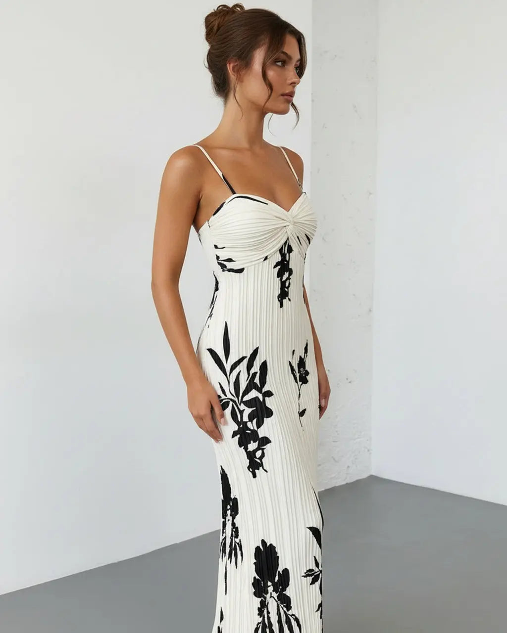 Women's Floral Twist Bust Pleated Maxi Dress - Elegant Flowing Occasion Dress