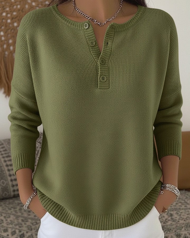 Women's Henley Button Knit Sweater - Soft Casual Everyday Style