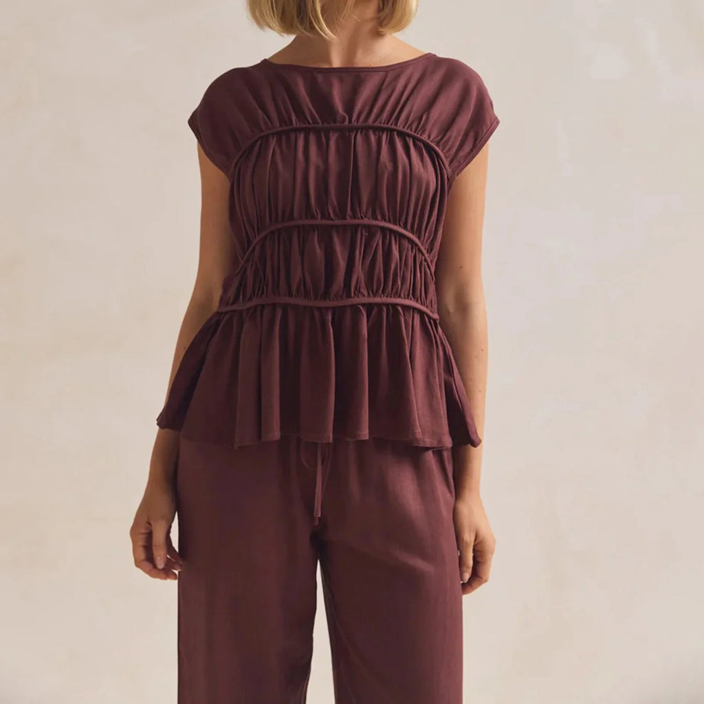 Women’s Ruched Peplum Top – Round-Neck Cap Sleeve Blouse