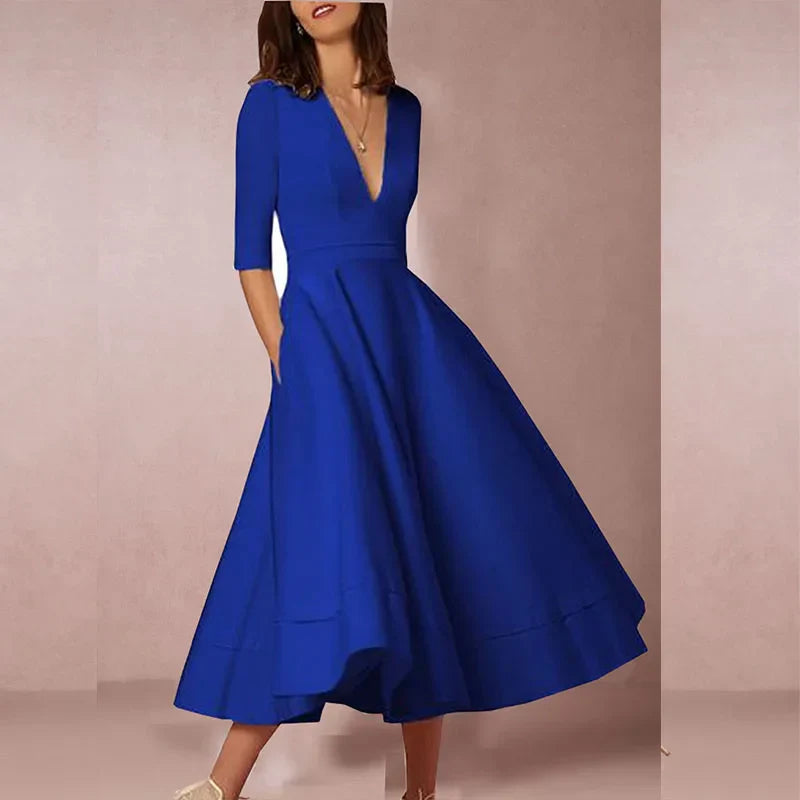 Women's Vintage 60s A-Line Swing Dress – Flared Skirt Autumn Midi Dress
