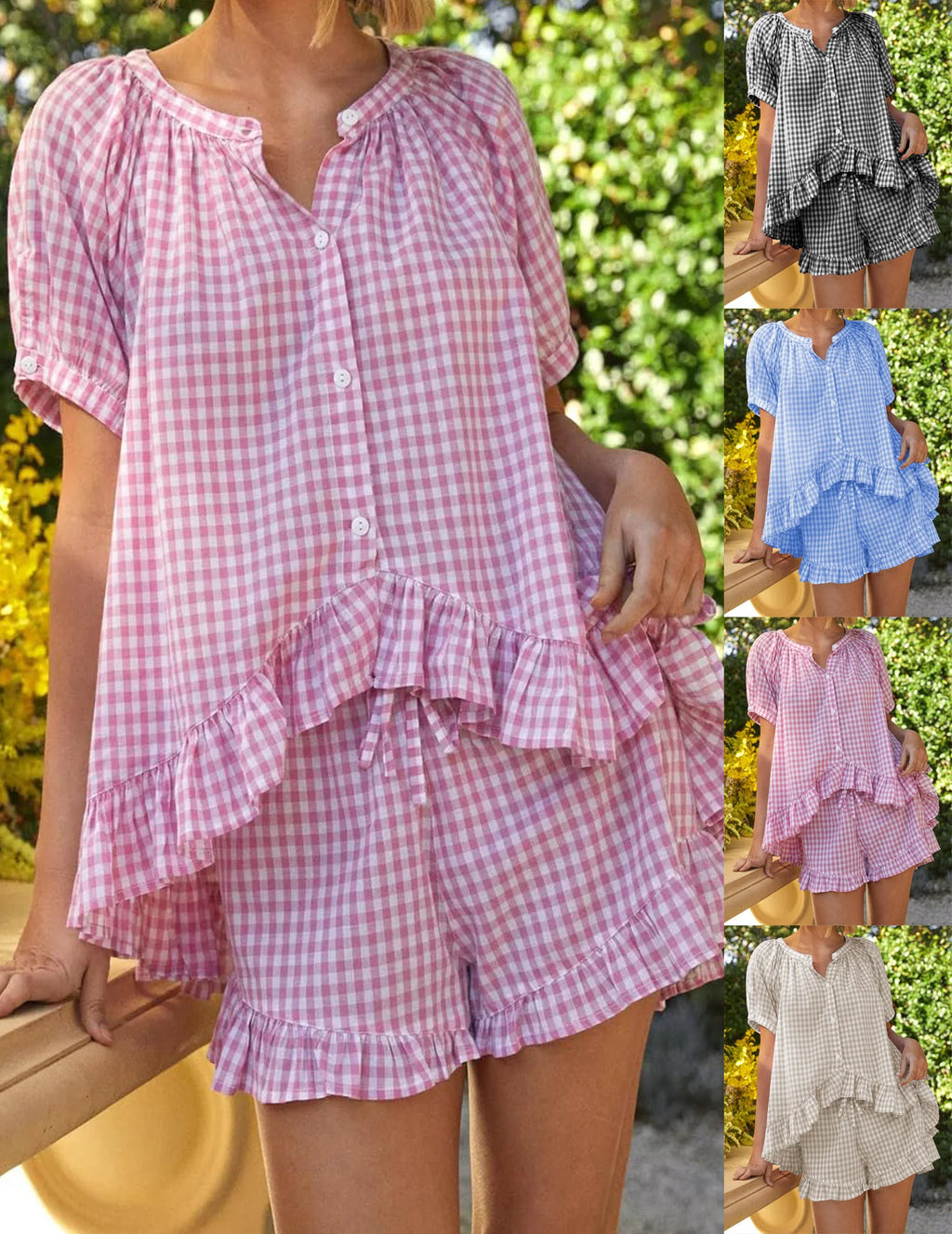 Women’s 2-Piece Ruffle Sleepwear Set – Short-Sleeve Button-Up Plaid Loungewear