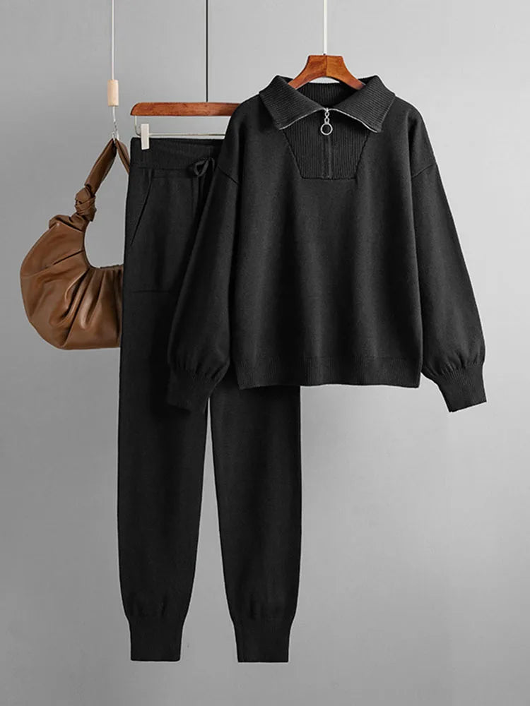 Women’s Zip-Up Knit Loungewear Set – Cozy Sweater & Slim Jogger Pants