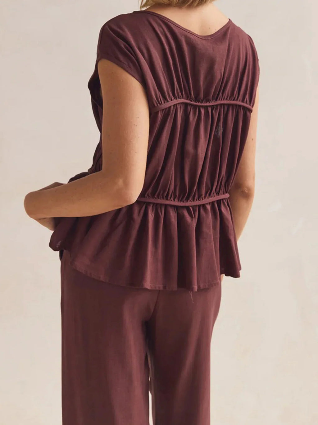 Women’s Ruched Peplum Top – Round-Neck Cap Sleeve Blouse