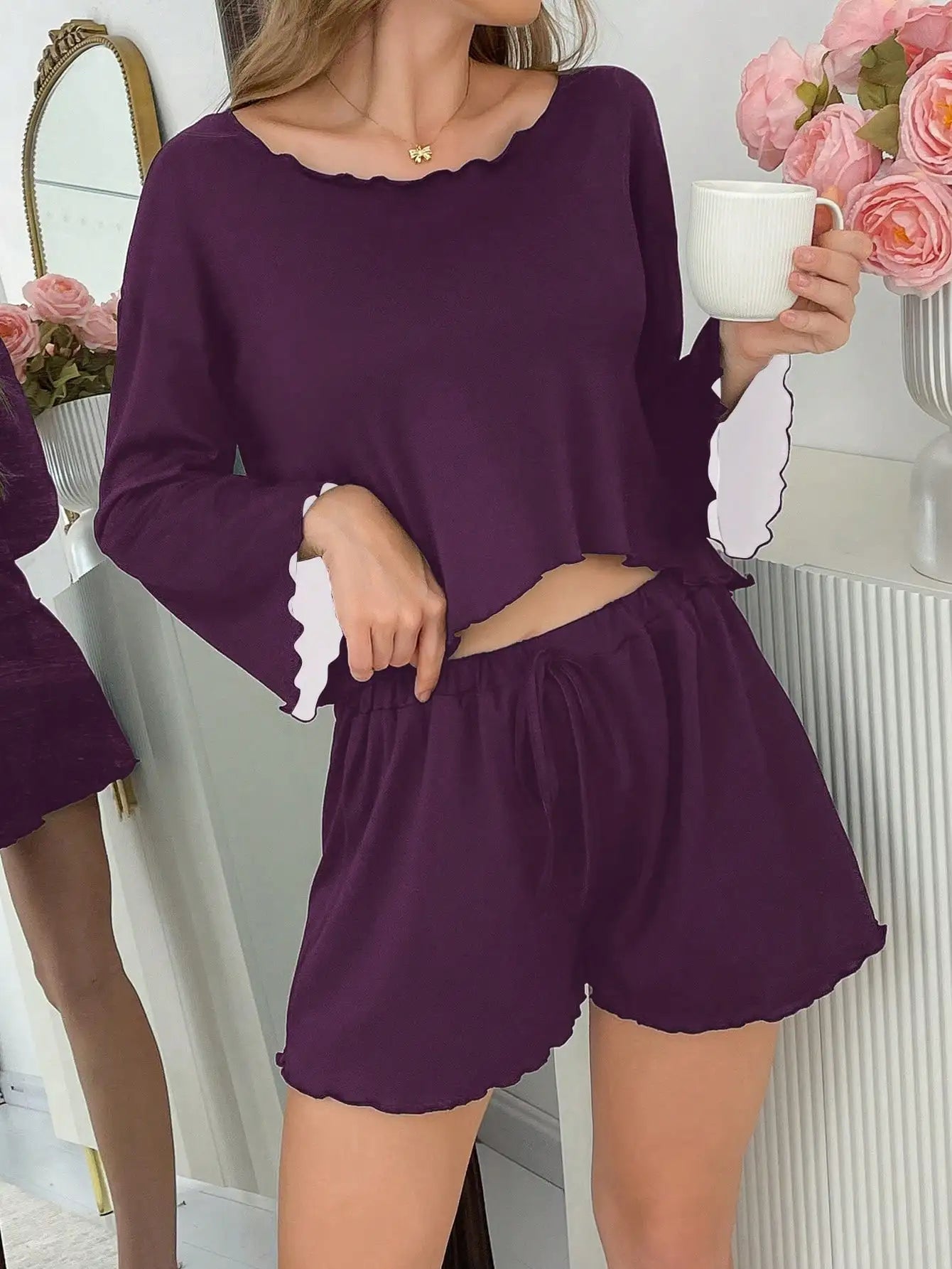 Women’s Purple Two-Piece Off-Shoulder Pajama Set – Long Sleeve Top and Shorts for All Seasons (6)